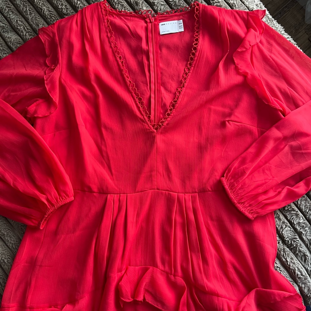 ASOS Bright Red V-Neck Midi Dress with Lace Trim
